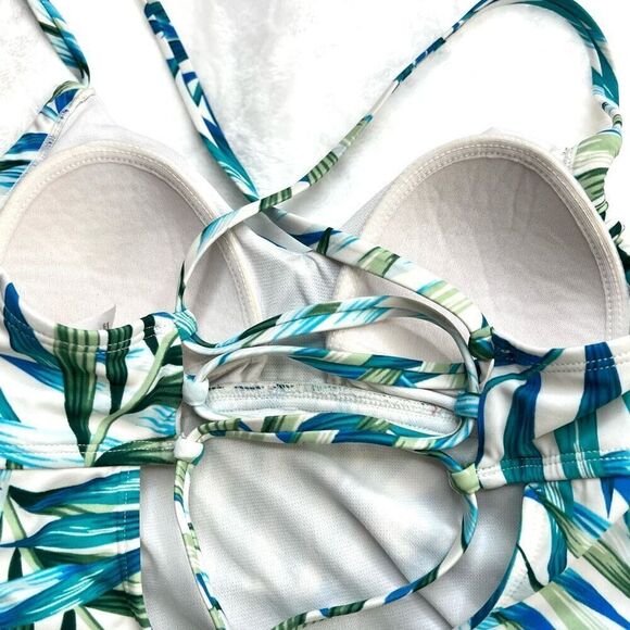 Time and Tru Women's Flower Frenzy One Piece Swimsuit Tropical Leaf Pattern Whit - Picture 10 of 13